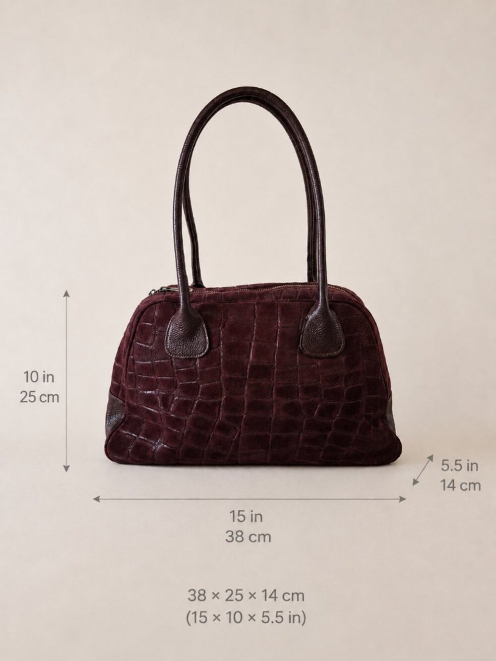 Burgundy Italian Leather & Croc-Embossed Suede Shoulder Bag – Large Dome Handbag - Picture 15 of 15